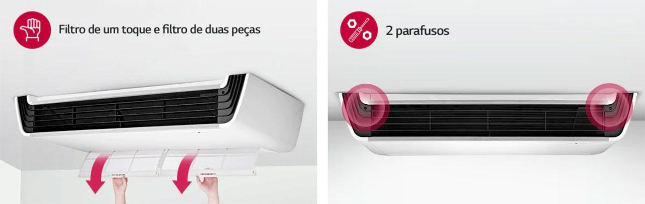 LG Teto apresenta um filtro com indicadores de seta na parte inferior, enquanto a vista frontal mostra dois círculos vermelhos indicando a localização dos parafusos.