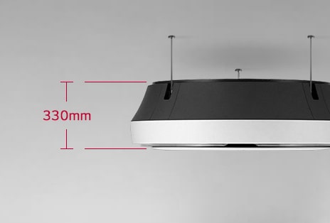 A LG Round Cassete enfatiza o seu tamanho fino e compacto com uma altura de corpo de 330 mm, o que ajuda a manter uma sensação de abertura no espaço interior.