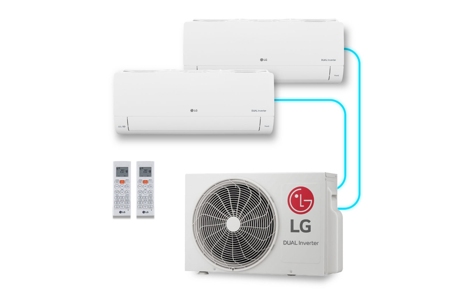 2 Evaporadoras, 2 Controles remotos e 1 Condesandora do Ar-Condicionado LG AI Dual Inverter Voice Bi-Split Frio 9.000 BTU 220V modelo S32Q16SA181 vistos de frente, evaporadoras com as aletas fechadas