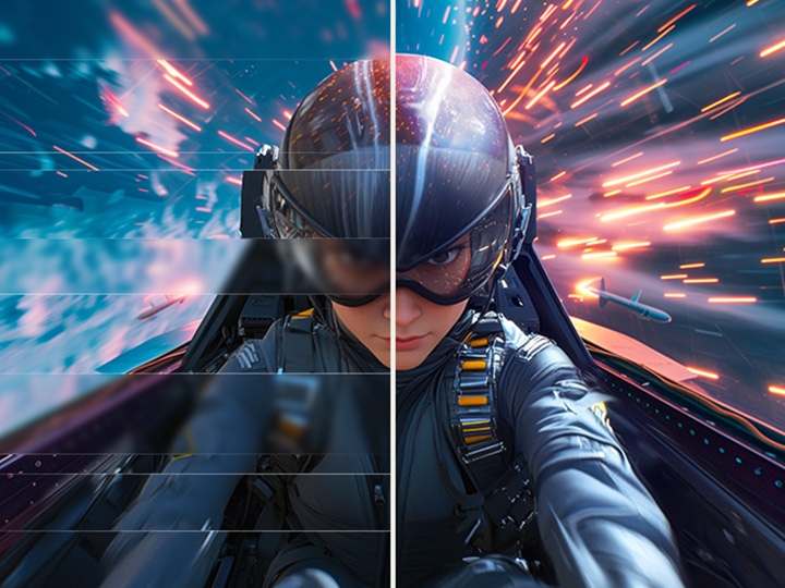 Visualização em tela dividida de um piloto em um jogo de ritmo acelerado, mostrando gráficos mais suaves e nítidos.