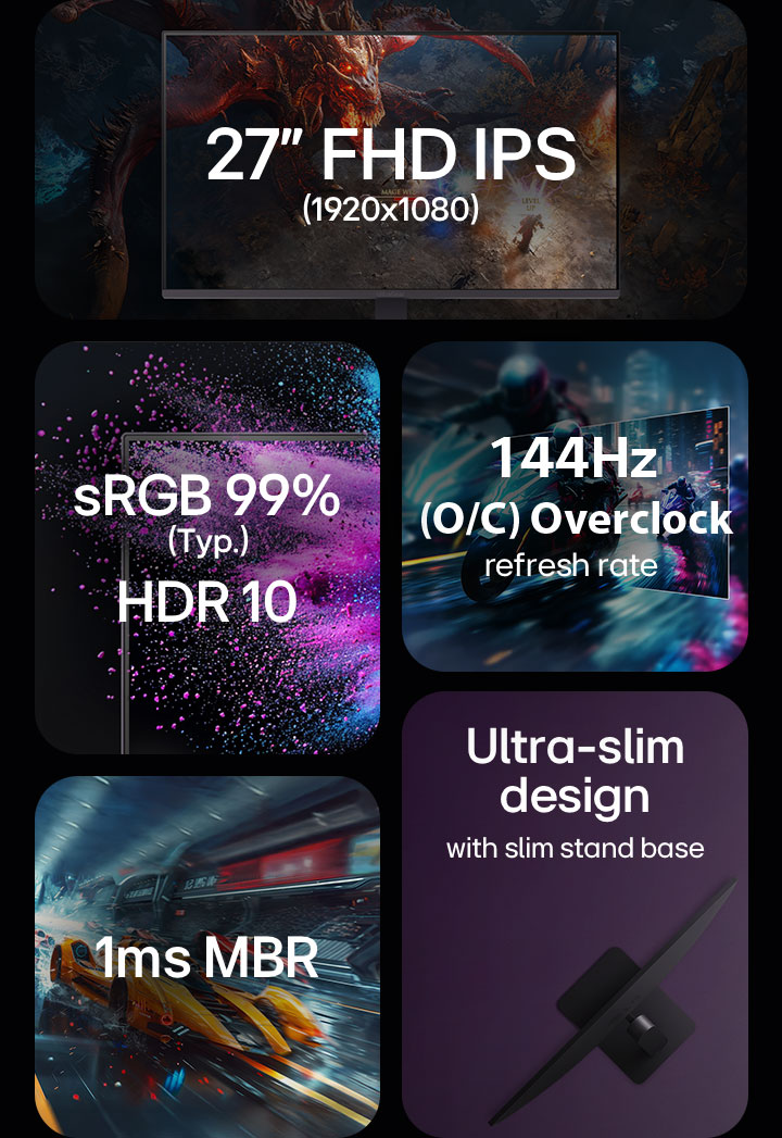 Monitor FHD IPS de 27 polegadas 1920x1080, sRGB 99%, HDR 10, taxa de atualização de 120Hz, 1ms MRB, design ultrafino