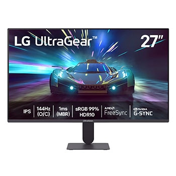 Vista frontal de Monitor LG UltraGear™ G4, 27G411A-B, 144Hz (O/C), Tela IPS FHD 27", 1ms (MBR), NVIDIA G-SYNC, AMD FreeSync, HDR10, sRGB 99% 27G411A-B