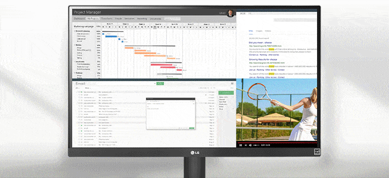O monitor UltraWide™ Full HD (2560x1080) é excelente para o trabalho, pois oferece 33% a mais de tela comparado aos monitores convencionais, além de possibilitar a visualização de múltiplos conteúdos e programas ao mesmo tempo.