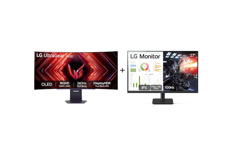 Vista frontal de Monitor Gamer LG UltraGear OLED Curvo – Tela OLED 45” + Monitor PC Gamer LG 27” IPS, Full HD, 100Hz, HDMI 45GS95QE.27MS500