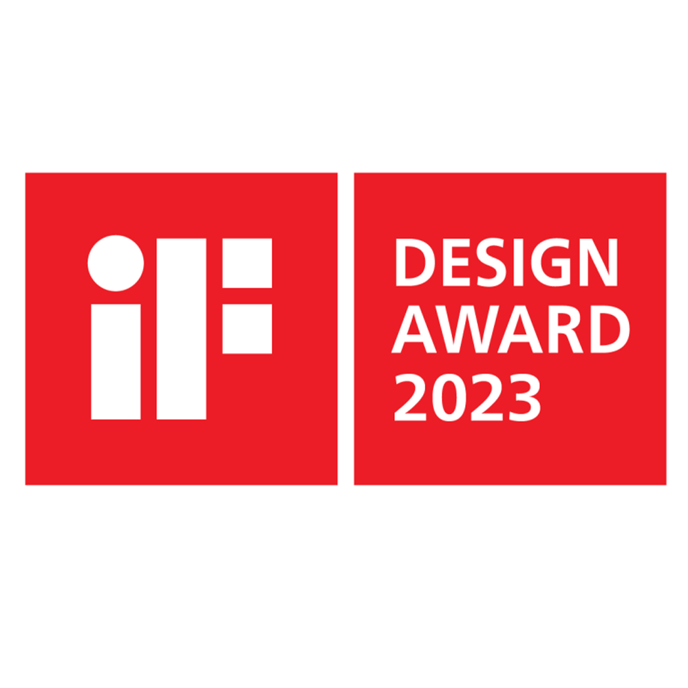 Logotipo do iF Design Award 2023 com ícone branco à esquerda e texto branco "DESIGN AWARD 2023" à direita.