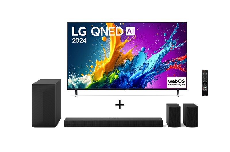 Vista frontal de Combo LG Smart TV QNED AI 4K QNED80 65 polegadas 2024 + SoundBar S60TR, 5.1 Canais, Bluetooth 5.3, Dolby Digital 65QNED80TSA.S60