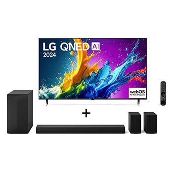 Vista frontal de Combo LG Smart TV QNED AI 4K QNED80 65 polegadas 2024 + SoundBar S60TR, 5.1 Canais, Bluetooth 5.3, Dolby Digital 65QNED80TSA.S60
