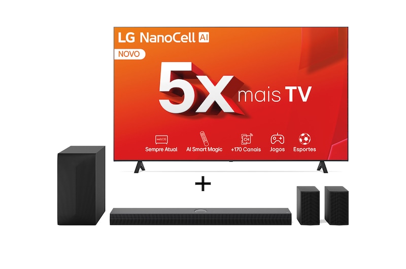 Vista frontal de Combo LG Smart TV NanoCell AI NANO80 4K de 70" + Home Theater Soundbar S70TR Dolby Atmos, 5.1.1 Canais, Bluetooth 5.1, HDMI 70NANO80TSA.S70TR