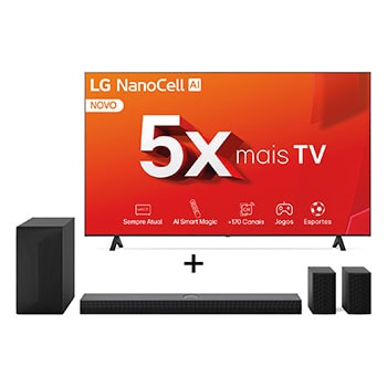 Vista frontal de Combo LG Smart TV NanoCell AI NANO80 4K de 70" + Home Theater Soundbar S70TR Dolby Atmos, 5.1.1 Canais, Bluetooth 5.1, HDMI 70NANO80TSA.S70TR