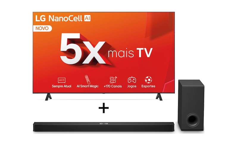 Vista frontal de Combo LG Smart TV NanoCell AI NANO80 4K de 70" + Soundbar S90TY, Dolby Atmos, 5.1.3 Canais 70NANO80TSA.S90TY