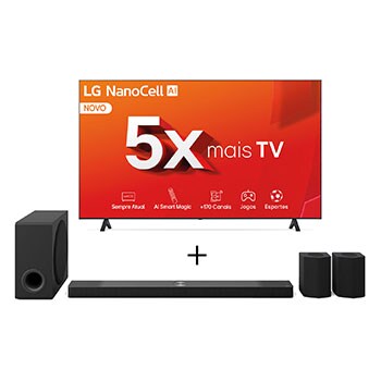 Vista frontal de Combo LG Smart TV NanoCell AI NANO80 4K de 75" + Soundbar S95TR, Dolby Atmos, 9.1.5 Canais, Caixas de Som Traseiras 75NANO80TSA.S95