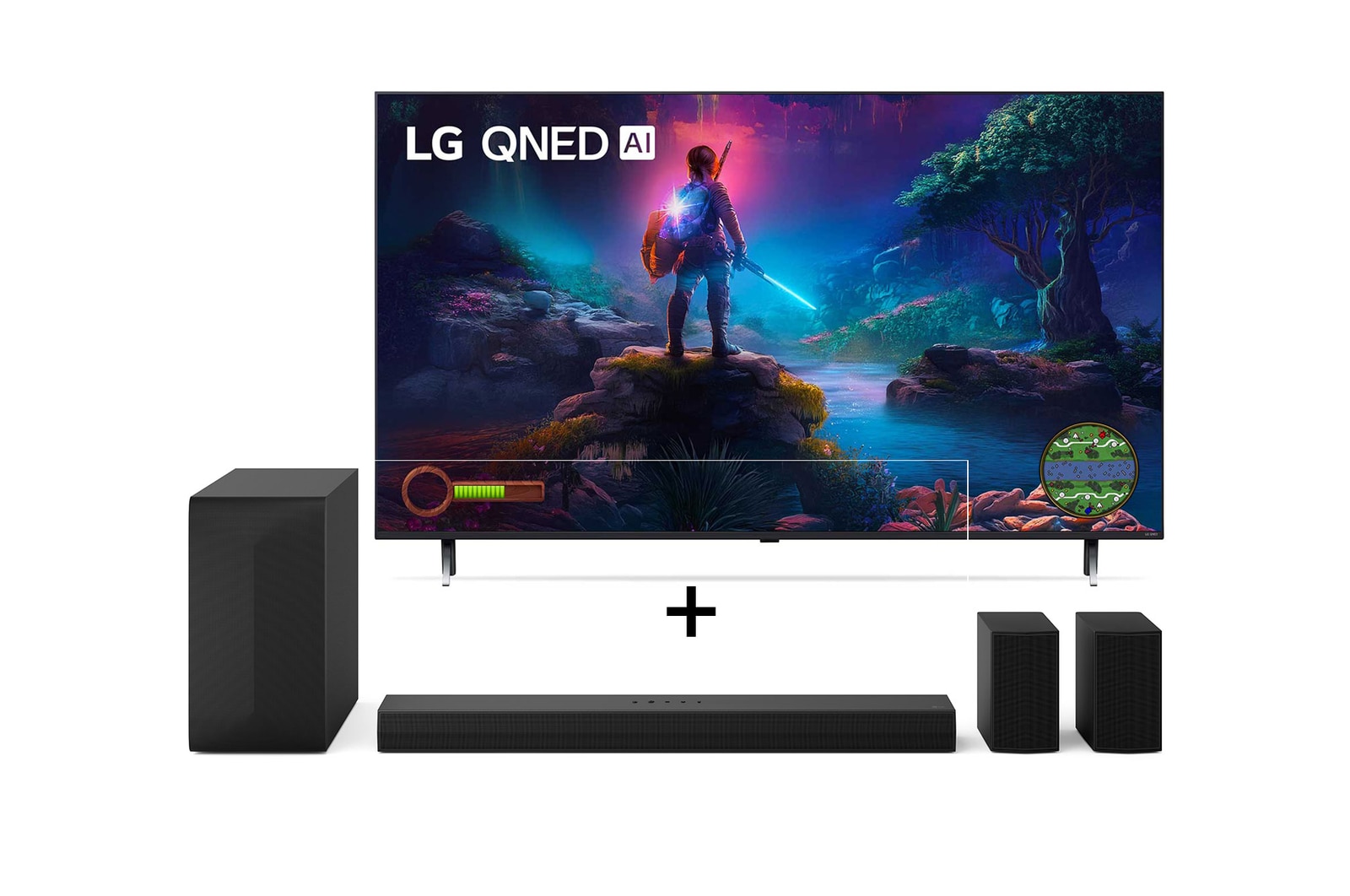 Vista frontal de Combo LG Smart TV QNED AI Gaming TV 4K 75" + SoundBar S60TR, 5.1 Canais, Bluetooth 5.3, Dolby Digital 75QNED85TSA.S60TR
