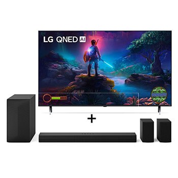 Vista frontal de Combo LG Smart TV QNED AI Gaming TV 4K 75" + SoundBar S60TR, 5.1 Canais, Bluetooth 5.3, Dolby Digital 75QNED85TSA.S60TR