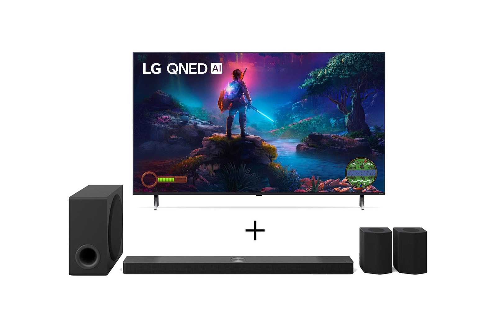 Vista frontal de Combo LG Smart TV QNED AI Gaming TV 4K 75" + Soundbar S95TR, Dolby Atmos, 9.1.5 Canais, Caixas de Som Traseiras 75QNED85TSA.S95TR