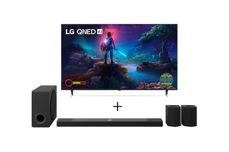 Vista frontal de Combo LG Smart TV QNED AI Gaming TV 4K 75" + Soundbar S95TR, Dolby Atmos, 9.1.5 Canais, Caixas de Som Traseiras 75QNED85TSA.S95TR
