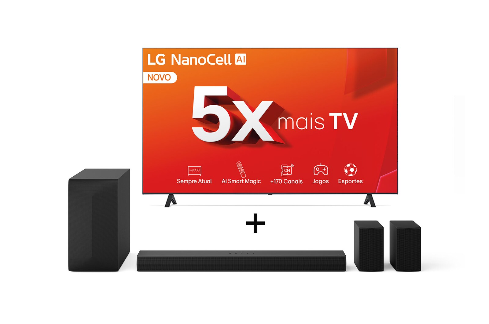 Vista frontal de Combo LG Smart TV NanoCell NANO80 4K de 86" + SoundBar S60TR, 5.1 Canais, Bluetooth 5.3, Dolby Digital 86NANO80TSA.S60TR