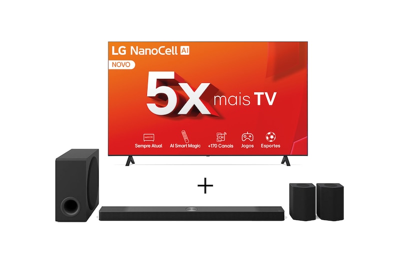 Vista frontal de Combo LG Smart TV NanoCell NANO80 4K de 86" + Soundbar S95TR, Dolby Atmos, 9.1.5 Canais, Caixas de Som Traseiras 86NANO80TSA.S95TR