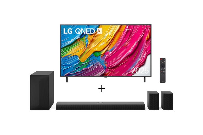 Vista frontal de Combo Smart TV LG QNED AI QNED80 65” 4K com Soundbar S70TR 65QNED80ASA.S70TR