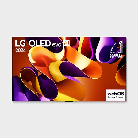 Vista frontal da LG OLED evo, OLED G4, OLED55G4PSA, exibindo na tela o emblema de onze anos como a OLED número um do mundo e o logotipo da garantia de cinco anos do painel,