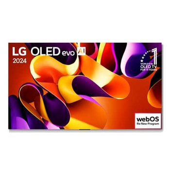 Vista frontal com LG OLED evo G4, OLED55G4PSA, emblema de 11 anos como a OLED número 1 do mundo e logotipo de garantia de painel de 5 anos na tela.
