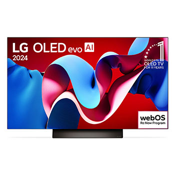 Vista frontal da LG OLED evo AI TV, OLED C4, exibindo na tela o emblema de onze anos como a OLED número um do mundo e o logotipo webOS Re:New Program, e, abaixo, uma Soundbar
