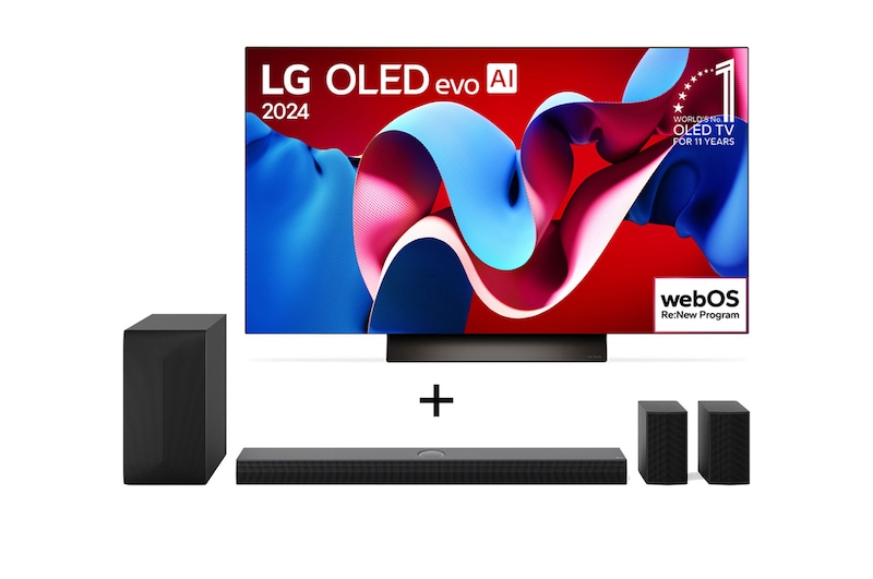 Vista frontal de Combo LG Smart TV OLED evo AI C4 4K 65 polegadas 2024 + Home Theater Soundbar S70TR Dolby Atmos, 5.1.1 Canais, Bluetooth 5.1, HDMI OLED65C4PSA.S70TR