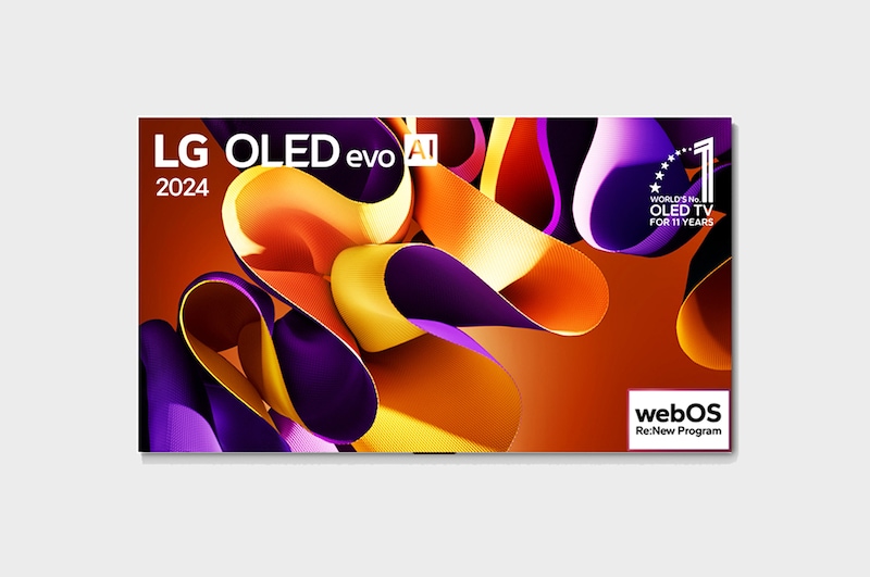 LG OLED evo AI TV, OLED G4’ün önden görünümü. Ekranda 11 Yıldır Dünyanın 1 Numaralı OLED’i Amblemi ve webOS Re:New Program logosu.