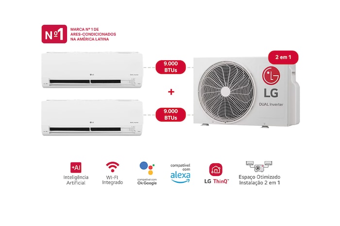 2 Evaporadora e 1 Condensadora do Ar-Condicionado LG AI Dual Inverter Voice Bi-Split Frio 9.000 BTU 220V modelo S32Q16SA181 vistos de frente, evaporadoras com as aletas abertas