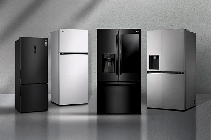 Quatro modelos de geladeiras da LG mostrados lado a lado com ícones indicando configuração, tipo, cor e opções de dispenser.