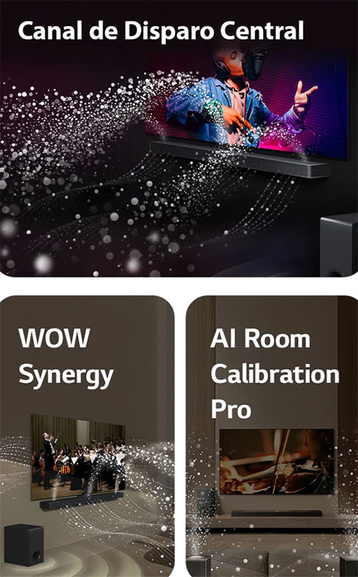 LG Soundbar y LG TV en una habitación negra interpretando una actuación musical. Gotas blancas que representan ondas sonoras se disparan hacia arriba y hacia adelante desde la barra de sonido, mientras el subwoofer crea un efecto de sonido desde abajo.  LG Soundbar y LG TV en una sala de estar tocando una actuación de orquesta. Ondas blancas de gotas que representan ondas sonoras se disparan hacia arriba y hacia adelante desde la barra de sonido y se proyectan desde el televisor, mientras el subwoofer crea un efecto de sonido desde abajo.  La barra de sonido LG, el televisor LG, los parlantes traseros y un subwoofer se encuentran en una sala de estar. Aparece una cuadrícula superpuesta sobre la habitación, como un escaneo del espacio. Ondas sonoras blancas formadas por gotas salen desde la perspectiva frontal de los altavoces traseros.