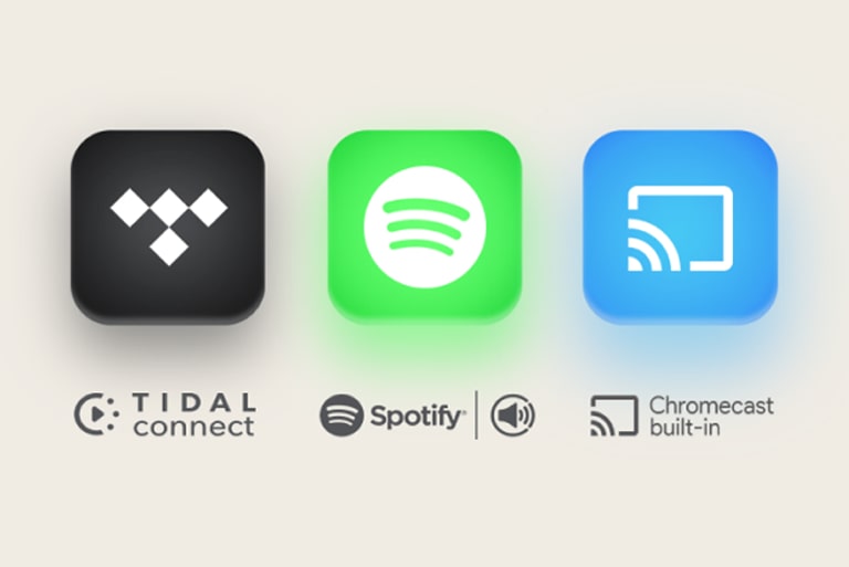 Logotipo do TIDAL Connect Logotipo do Spotify Logotipo integrado do Chromecast