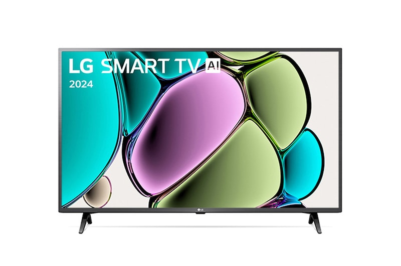 Front view of LG FHD TV, LR67 with text of LG SMART TV and 2024 on screen with 2-pole stand