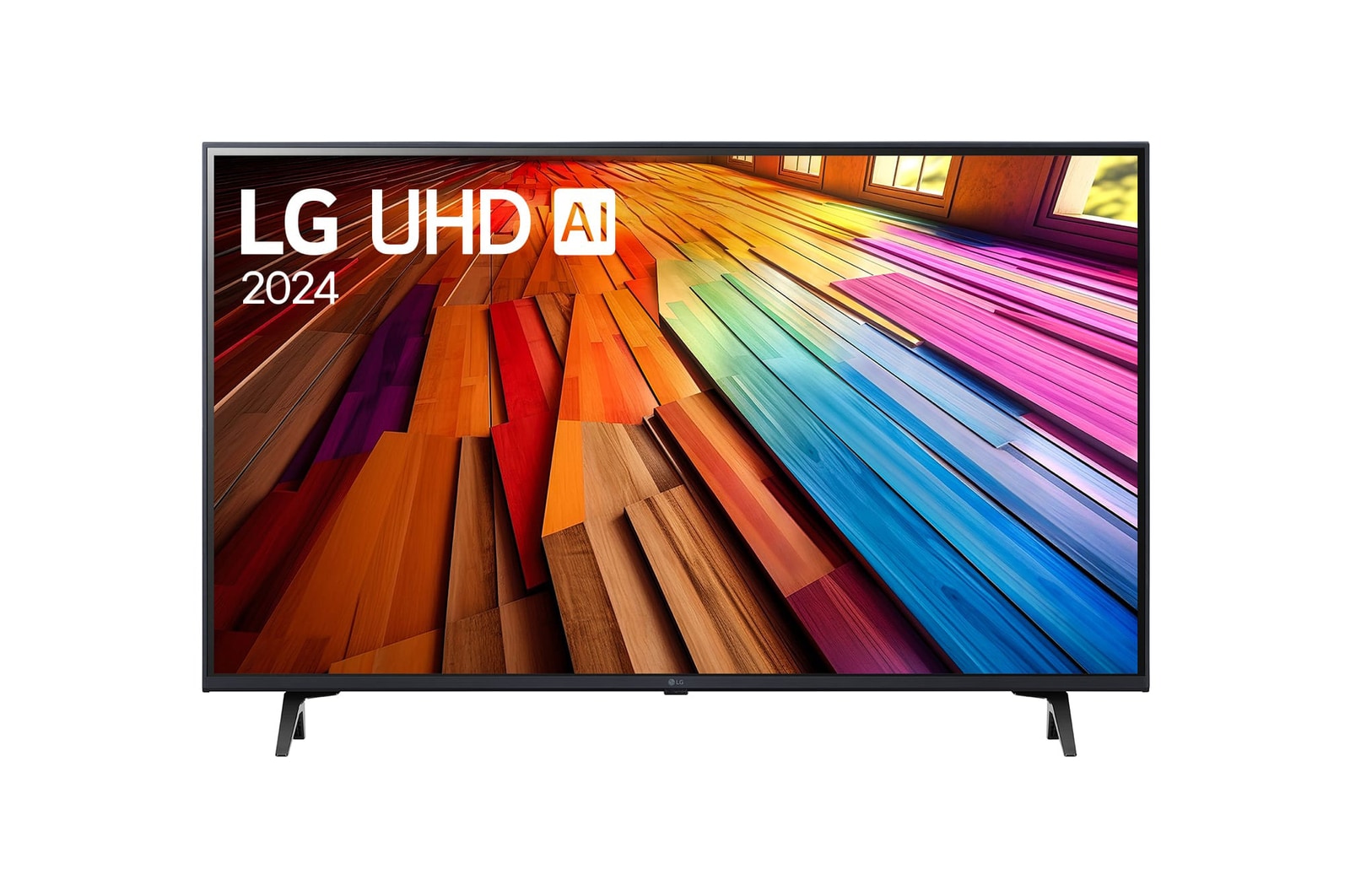 Vista frontal da TV LG UHD, UT80 com texto da LG UHD AI ThinQ, 2024 e o logo do programa webOS Re:New na tela