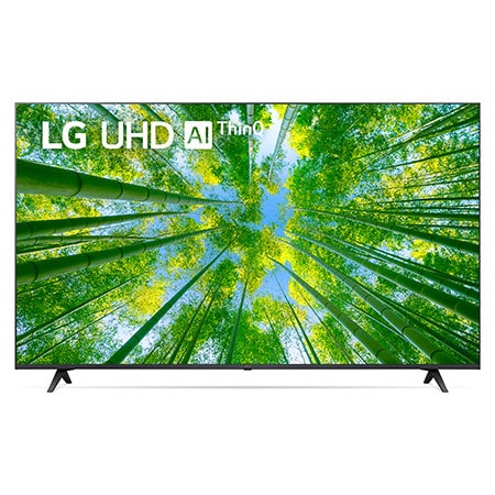 Vista frontal da TV LG UHD com imagem de preenchimento e logotipo do produto sobre si