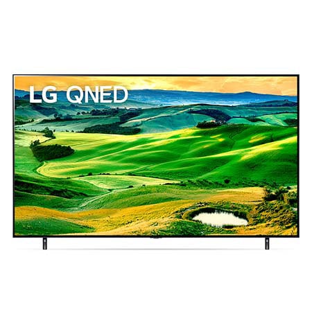 Vista frontal da TV LG QNED com imagem de preenchimento e logotipo do produto sobre si