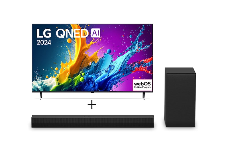 Vista frontal de Combo Smart TV LG QNED AI 4K QNED80 65" 2024 + Soundbar LG S40T 65QNED80T.S40T