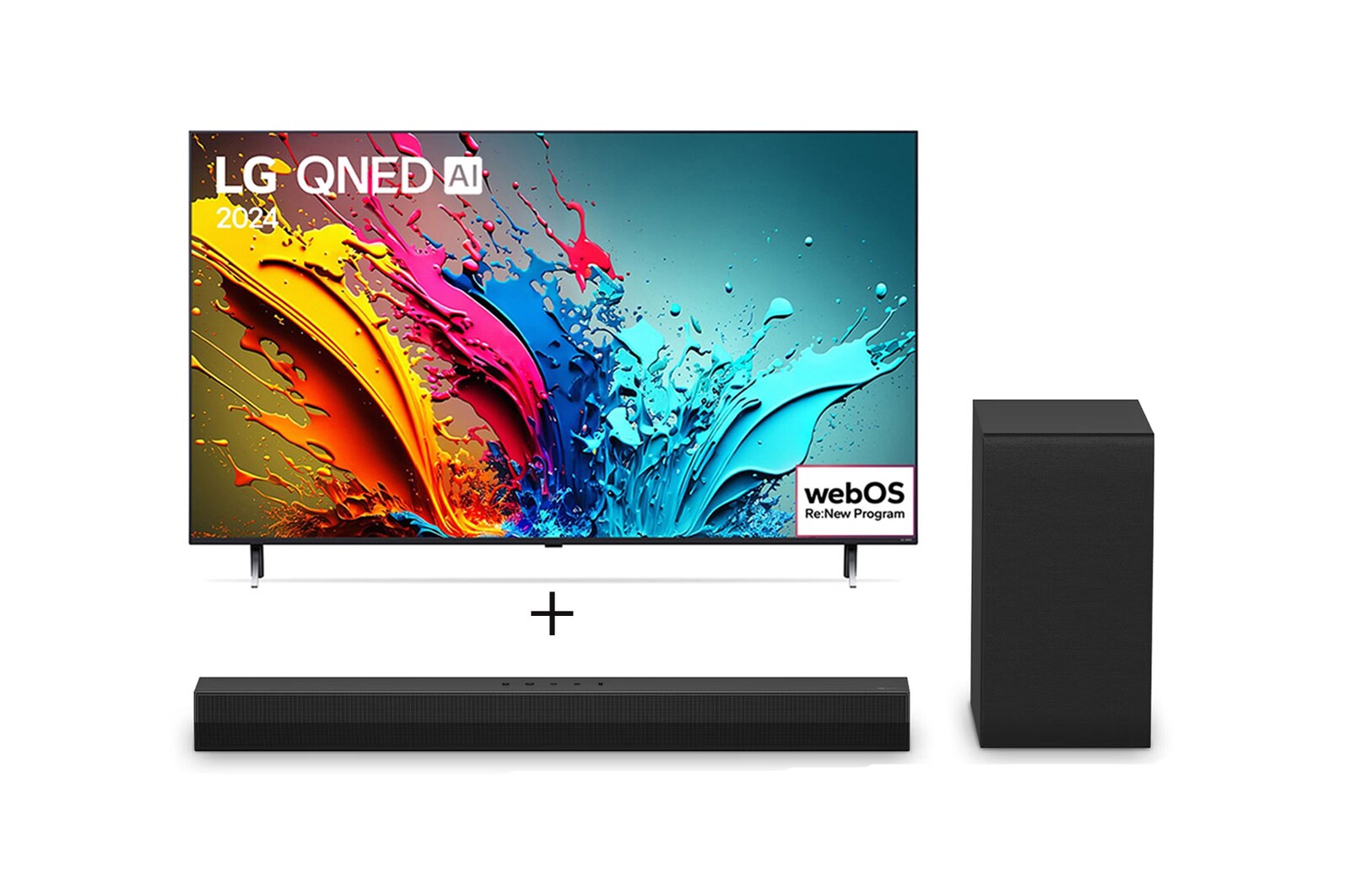 Vista frontal de Combo Smart TV LG QNED AI 4K QNED85 65" 2024 + Soundbar LG S40T 65QNED85T.S40T