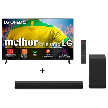 Vista frontal de Combo Smart TV LG AI 4K QNED73 de 75" 2026 + Soundbar S40T 300W RMS, 2.1 Canais, Dolby Digital 75QNED73.S40T