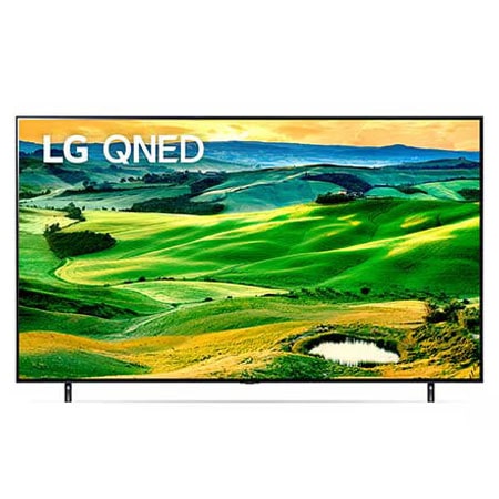 Vista frontal da LG QNED mostrando paisagem com cores verde, amarelo e azul  