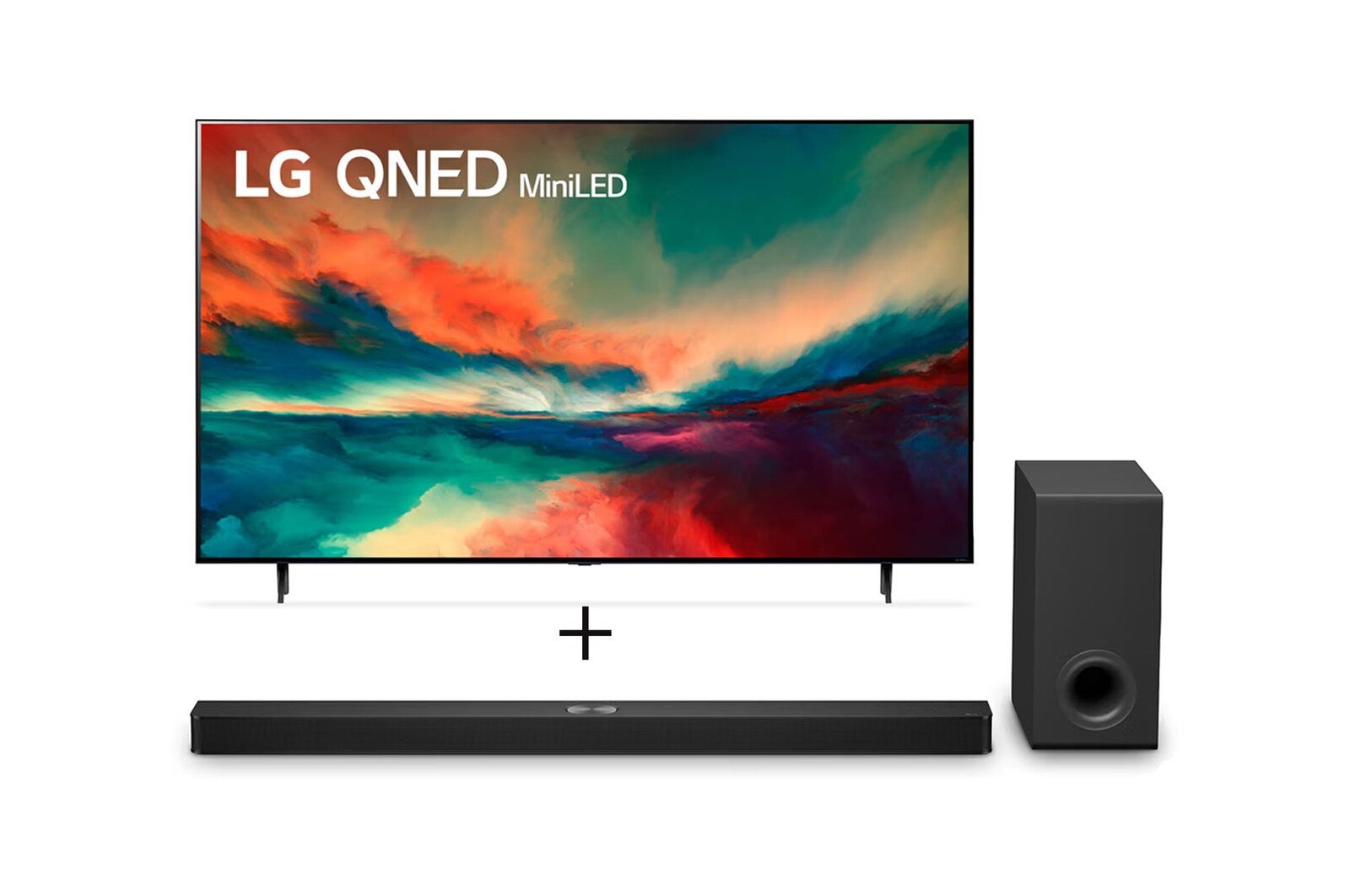 Vista frontal de Combo Smart TV LG QNED85 MiniLed 75” 4K, 2023 + Soundbar LG S90TY 75QNED85S.S90TY