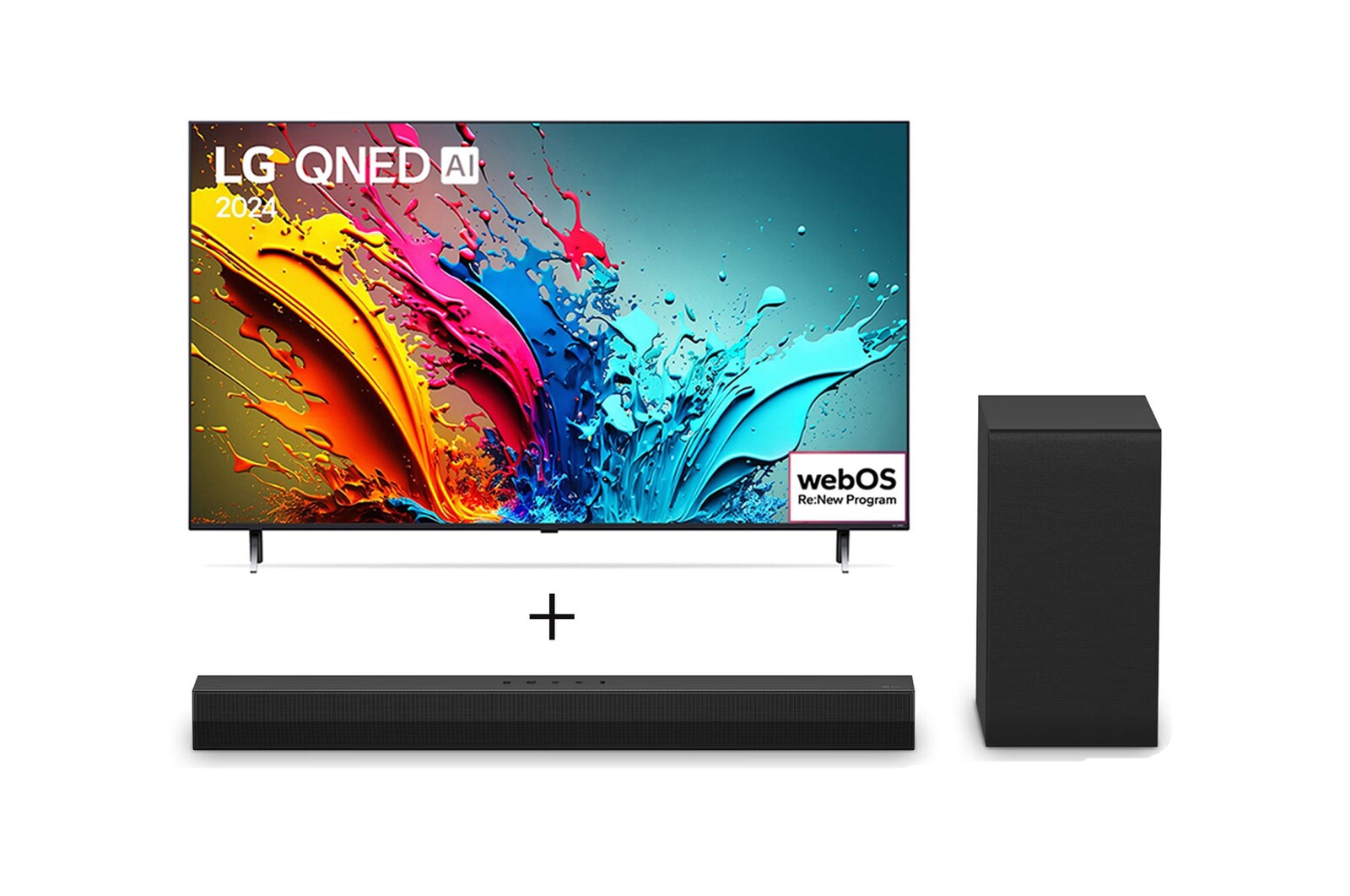Vista frontal de Combo Smart TV LG QNED AI 4K QNED85 75" 2024 + Soundbar LG S40T 75QNED85T.S40T