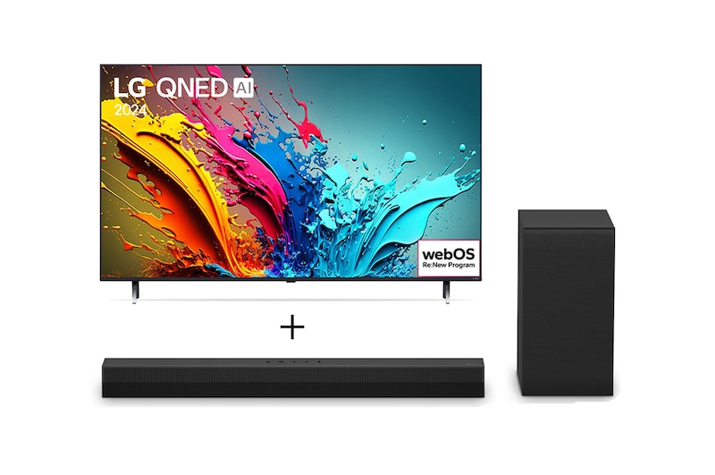Vista frontal de Combo Smart TV LG QNED AI 4K QNED85 75" 2024 + Soundbar LG S40T 75QNED85T.S40T