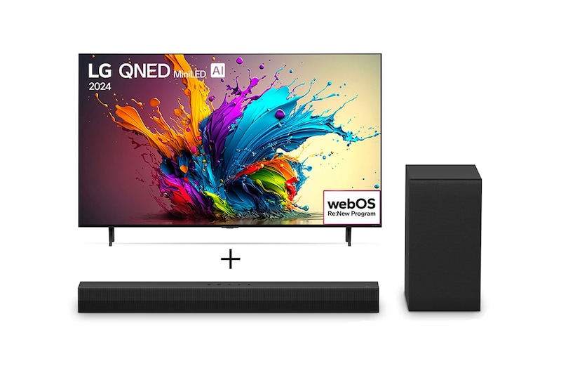 Vista frontal de Combo Smart TV 4K LG QNED MiniLED QNED90 de 75" 2024 + Soundbar LG S40T 75QNED90T.S40T