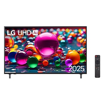 Vista frontal da UHD UA85 TV, logotipo da LG UHD Al no canto superior. A LG UHD TV mostra texturas coloridas de pinturas se fundindo.