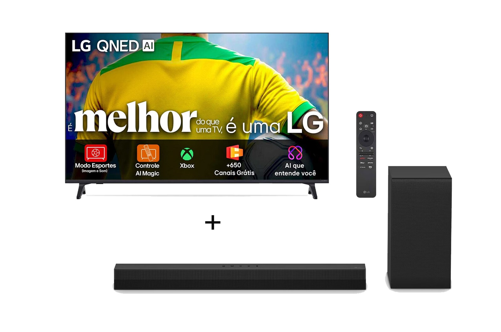 Vista frontal de Combo Smart TV LG AI 4K QNED73 de 86" 2026 + Soundbar S40T 300W RMS, 2.1 Canais, Dolby Digital 86QNED73.S40T