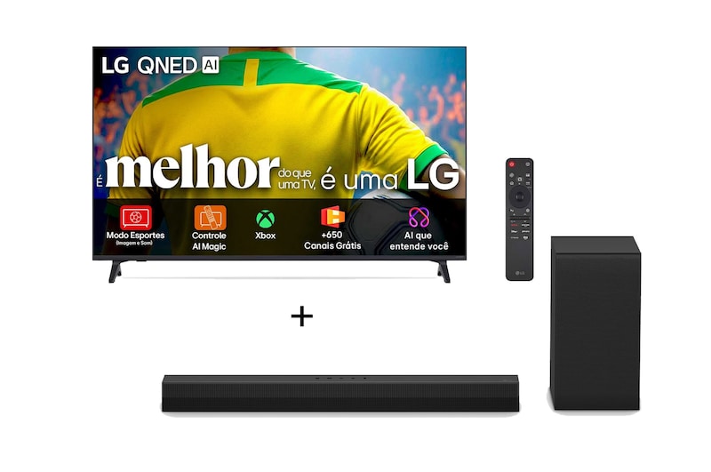 Vista frontal de Combo Smart TV LG AI 4K QNED73 de 86" 2026 + Soundbar S40T 300W RMS, 2.1 Canais, Dolby Digital 86QNED73.S40T