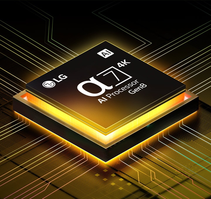 O processador alpha 7 AI Gen8 se ilumina de amarelo, e raios de luz coloridos saem dele.