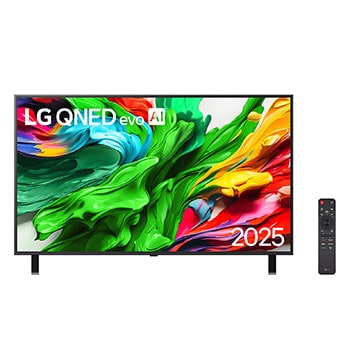Vista frontal da LG QNED evo QNED85 TV, logotipo da LG QNED evo Al no canto superior. A LG QNED evo QNED85 TV mostra texturas coloridas de pinturas se fundindo.