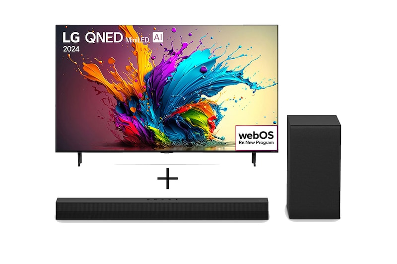 Vista frontal de Combo Smart TV 4K LG QNED MiniLED QNED90 de 86" 2024 + Soundbar LG S40T 86QNED90T.S40T