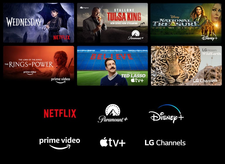 Cartazes de Wednesday da Netflix; National Treasure da Disney+; Os Anéis de Poder do Prime Video; Ted Lasso da Apple TV Plus; e uma imagem estática do LG Channels com um leopardo na natureza.